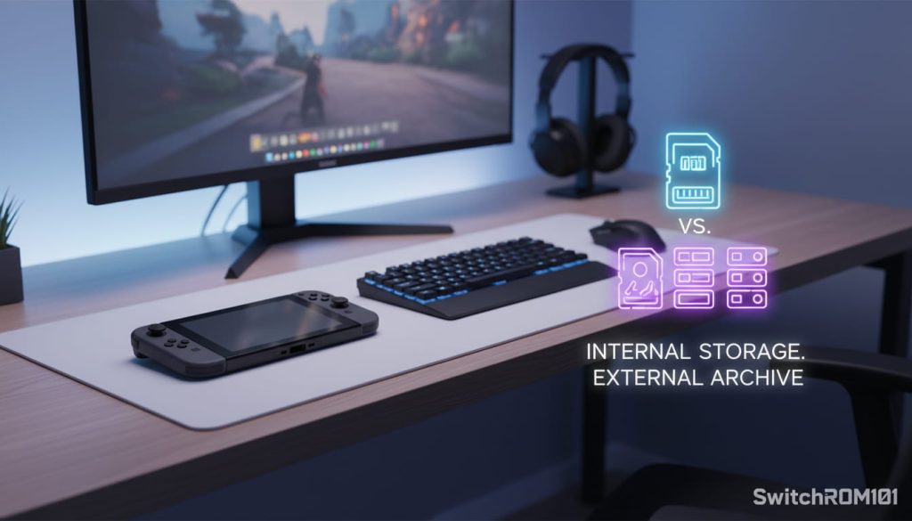 Best flash cart for Switch backups concept image with gaming desk setup – SwitchROM101