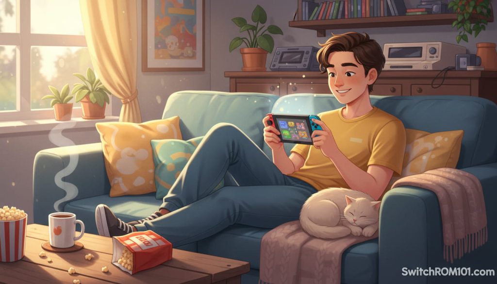 Casual gamer playing Nintendo Switch in handheld mode for portable gaming experience