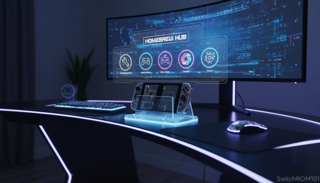 “Neon gaming desk visual showing homebrew app categories on a Switch-style console — SwitchROM101”