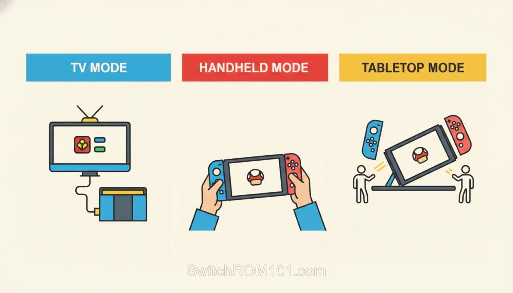 Nintendo Switch play modes explained including TV mode, handheld mode, and tabletop mode