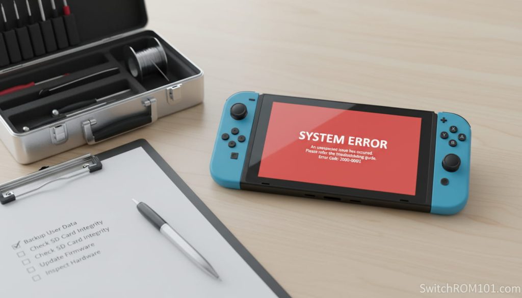 Nintendo Switch showing a system error concept representing bricking risk and the importance of backups