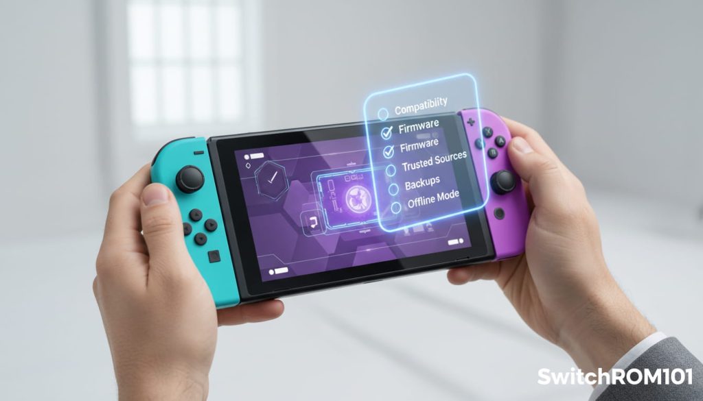 “Troubleshooting checklist visual for homebrew setup and compatibility on a Switch-style device — SwitchROM101”