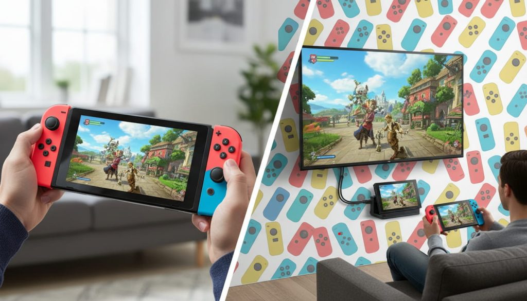 a modern gaming setup that includes the Nintendo Switch docked, along with a gaming chair, TV screen, and other gaming accessories like headphones.