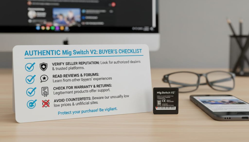 A checklist with tips for purchasing the authentic Mig Switch V2, including checking reviews, verifying seller reputation, and avoiding counterfeit products
