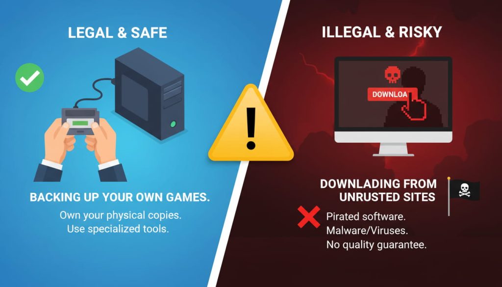 A comparison of legal and illegal ROM downloading methods, highlighting safe backup options and risky third-party downloads.