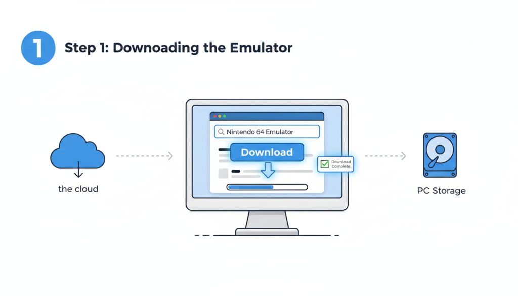 A visual step-by-step guide showing the process of installing a Nintendo emulator on a PC, from download to playing games.