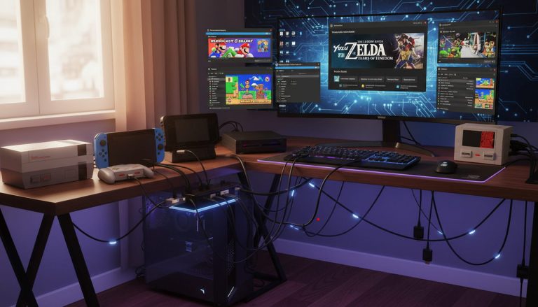 An illustration showing Nintendo consoles like Switch and Wii U with emulators Yuzu, Cemu, and RetroArch running on a PC screen.