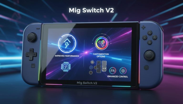 An infographic illustrating the key features of the Mig Switch V2 such as performance improvement, customization options, and enhanced control.