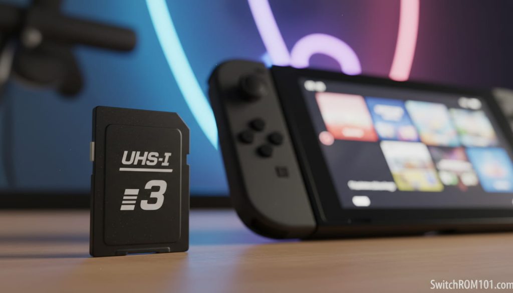 Close-up of a UHS-I U3 microSD card recommended for Nintendo Switch storage expansion (SwitchROM101.com).