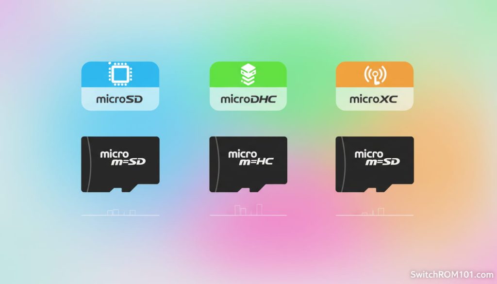 Comparison of Nintendo Switch compatible microSD card types microSD, microSDHC, and microSDXC (SwitchROM101.com).