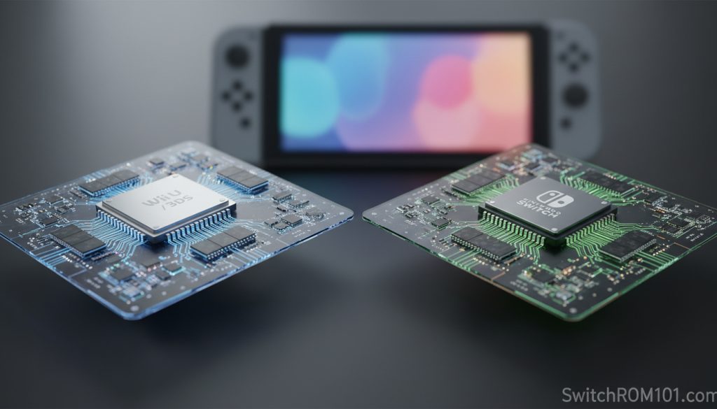 Hardware architecture difference between Nintendo Switch and Wii U 3DS consoles.