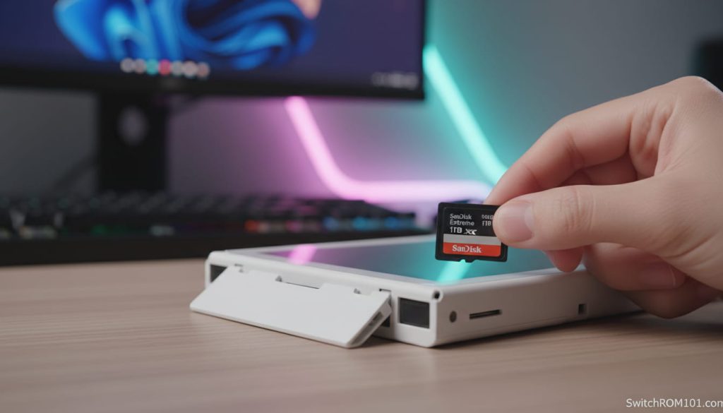 Nintendo Switch OLED microSD card slot under kickstand with microSDXC card ready to insert (SwitchROM101.com).