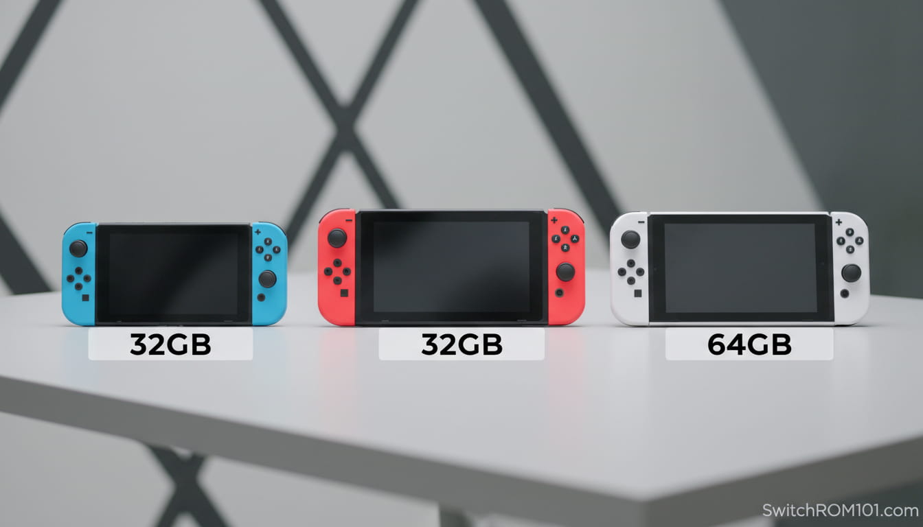 Nintendo Switch storage comparison showing 32GB on Switch and Lite and 64GB on OLED — SwitchROM101.com”