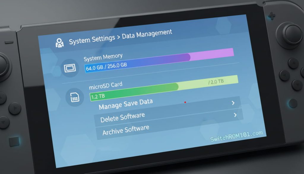 Nintendo Switch-style storage management concept showing System Settings Data Management with microSD card storage (SwitchROM101.com).