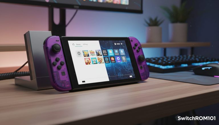 Prompt Clean comparison visual showing “Stock Switch vs Homebrew Switch”, minimalistic UI, professional infographic look, watermark “SwitchROM101”