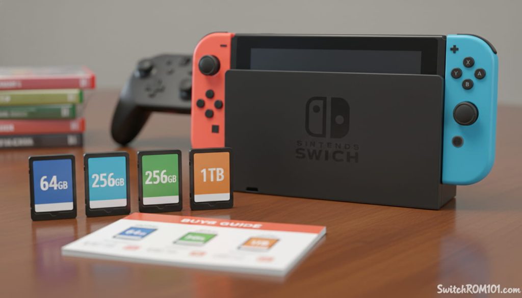 Recommended microSD sizes for Nintendo Switch 64GB for casual, 256GB for most players, 1TB for large libraries (SwitchROM101.com).