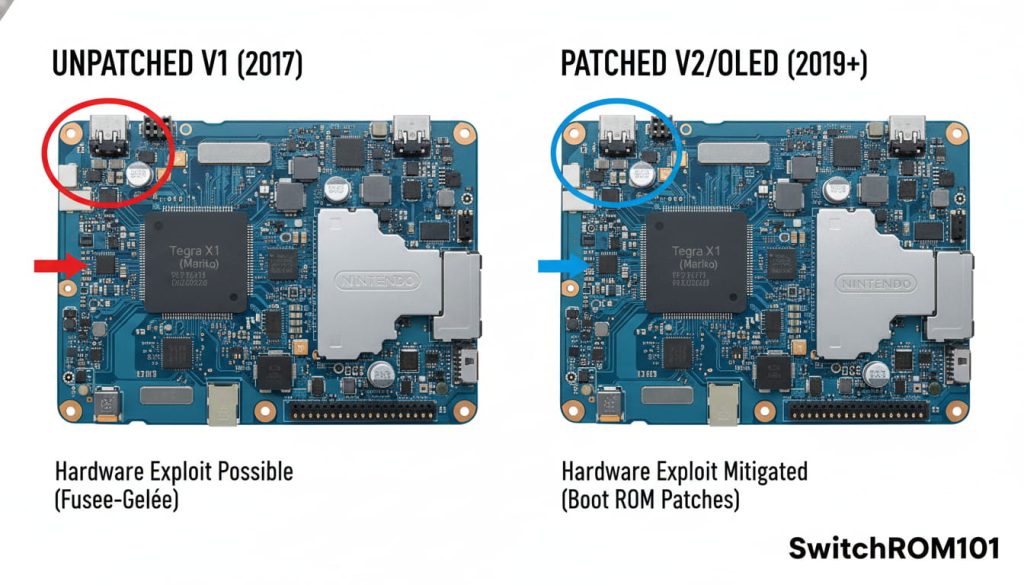 Unpatched vs patched Nintendo Switch hardware comparison