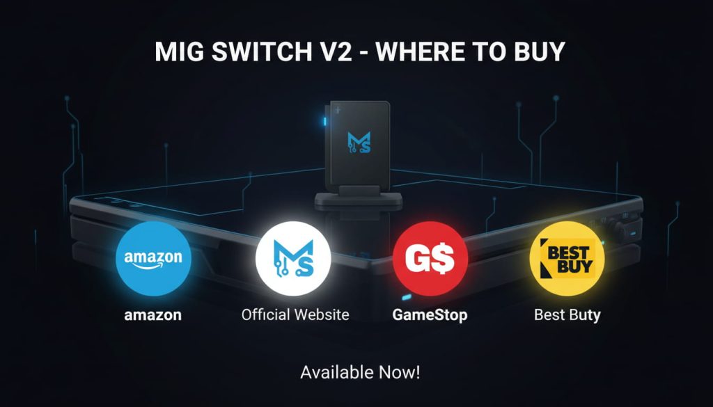 Various options for buying the Mig Switch V2 including Amazon, the official website, and gaming retailers like GameStop and Best Buy